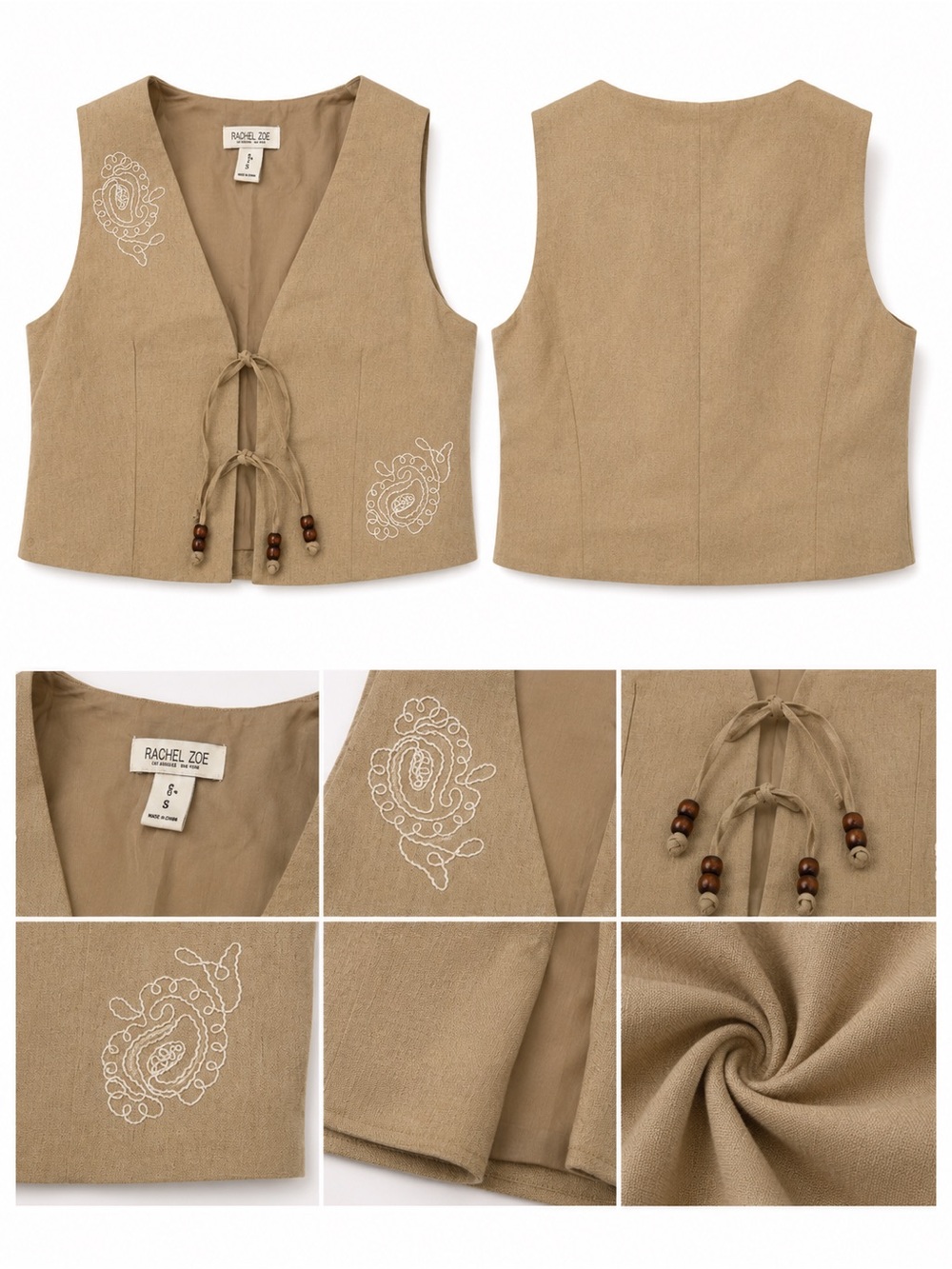 Rachel Zoe Tan Embroidered Tie-Front Tank